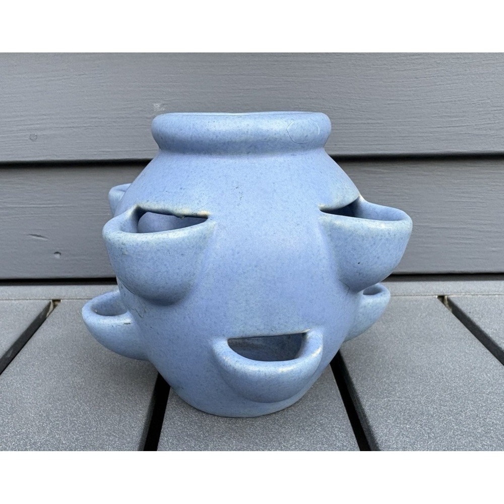 Vintage Camark pottery small strawberry pot planter matte blue excellent cond